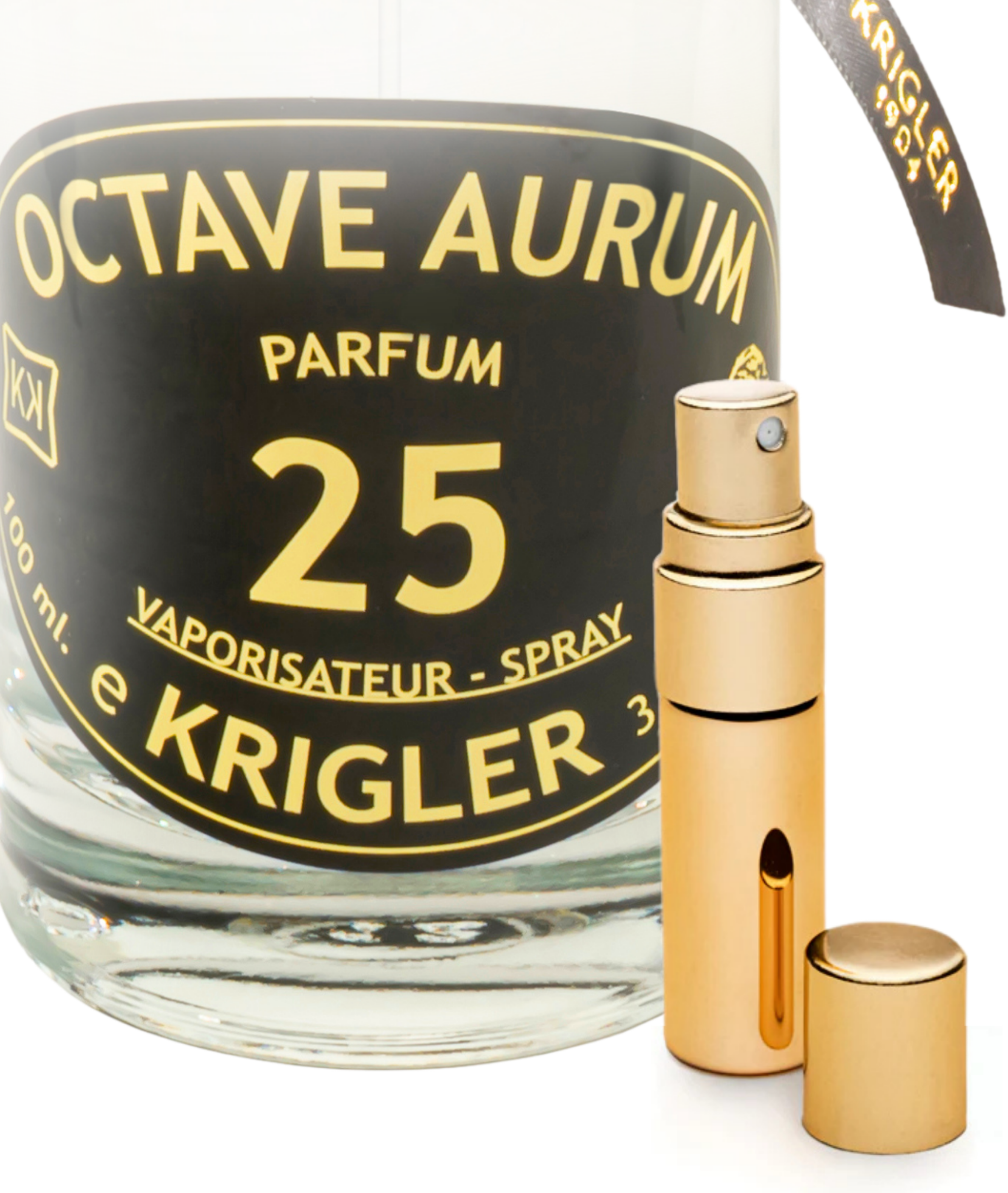 A glass bottle of OCTAVE AURUM 25 perfume with a black label, next to a gold-colored 2ml spray pump.